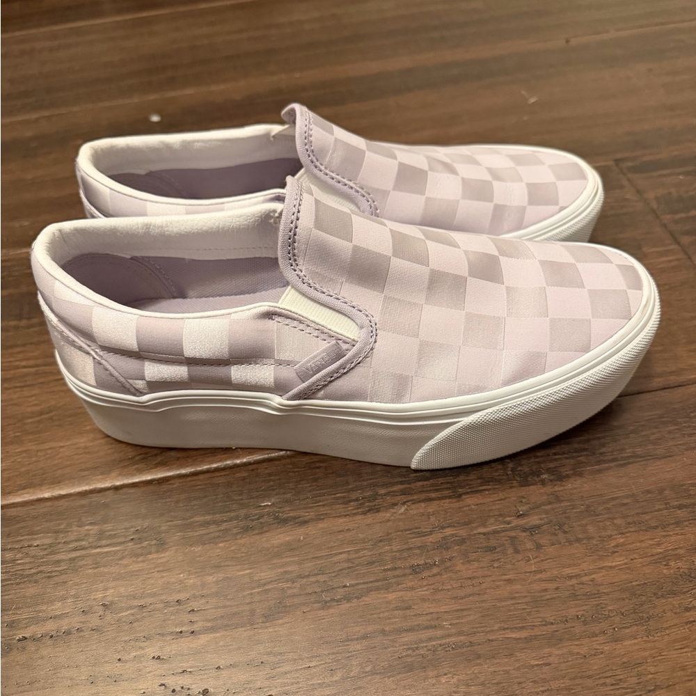Vans Women's Classic Slip On Stackform Satin Check Lilac Platform Shoes Size 9